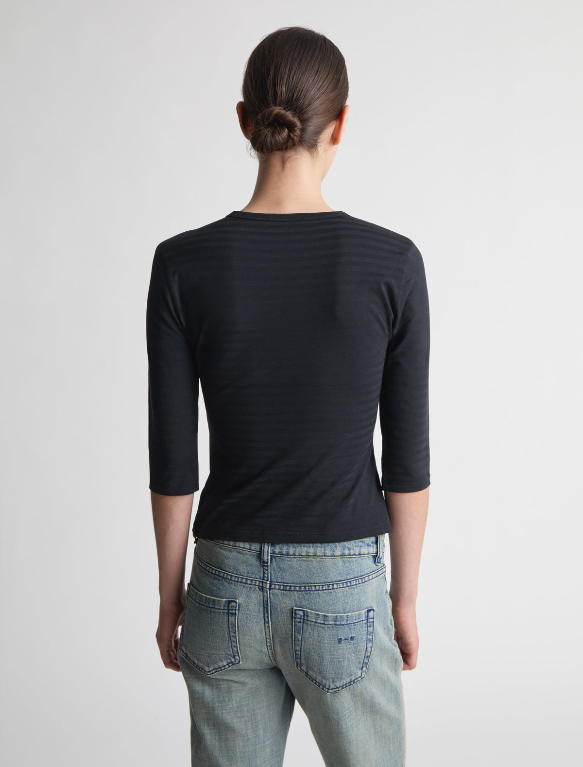 Guali ii striped round neck top elbow lenght sleeves embroidery black