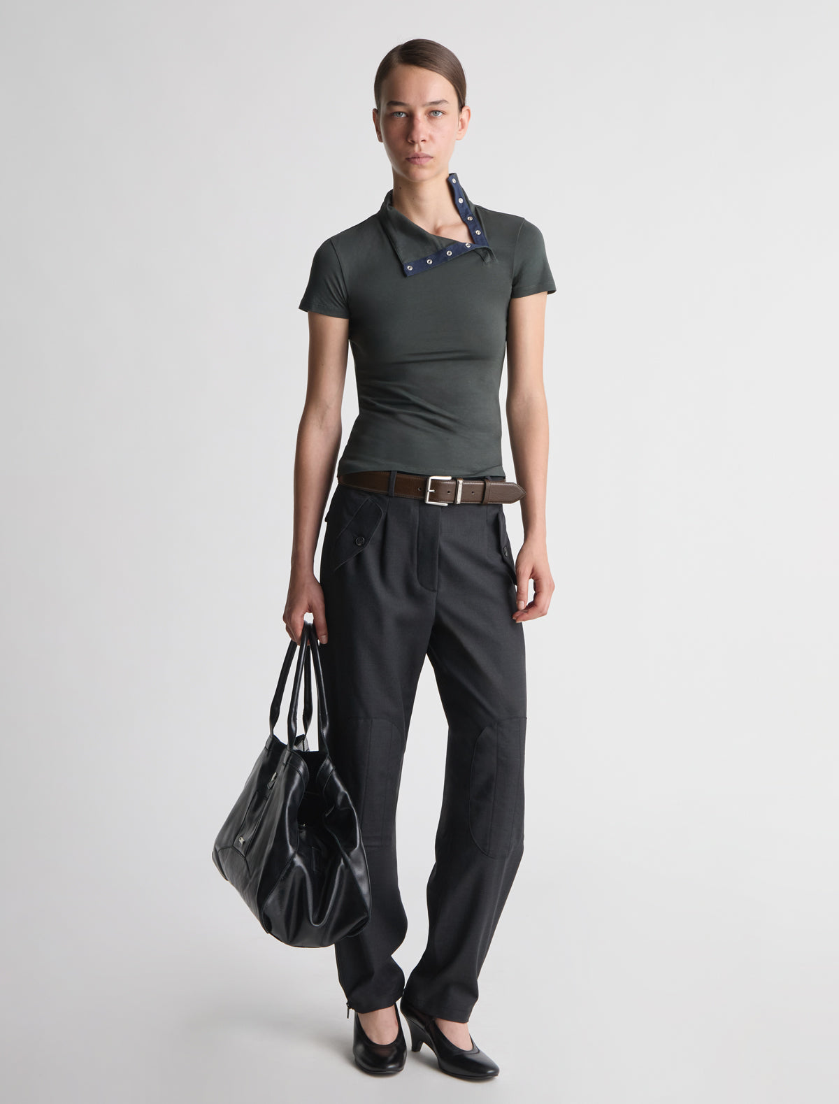 Zira short sleeve cotton top high neckline off center placket khaki