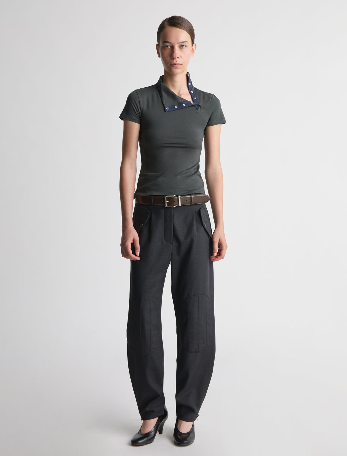 Zira short sleeve cotton top high neckline off center placket khaki
