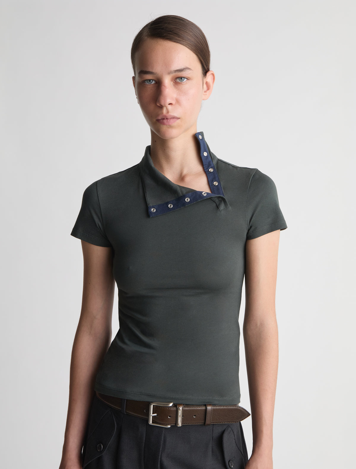 Zira short sleeve cotton top high neckline off center placket khaki