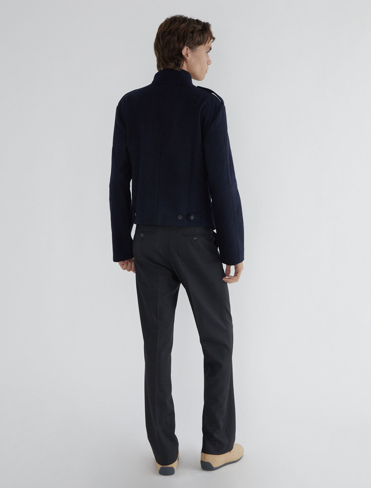 Galdana men wool jacket front crossover snap button tabs