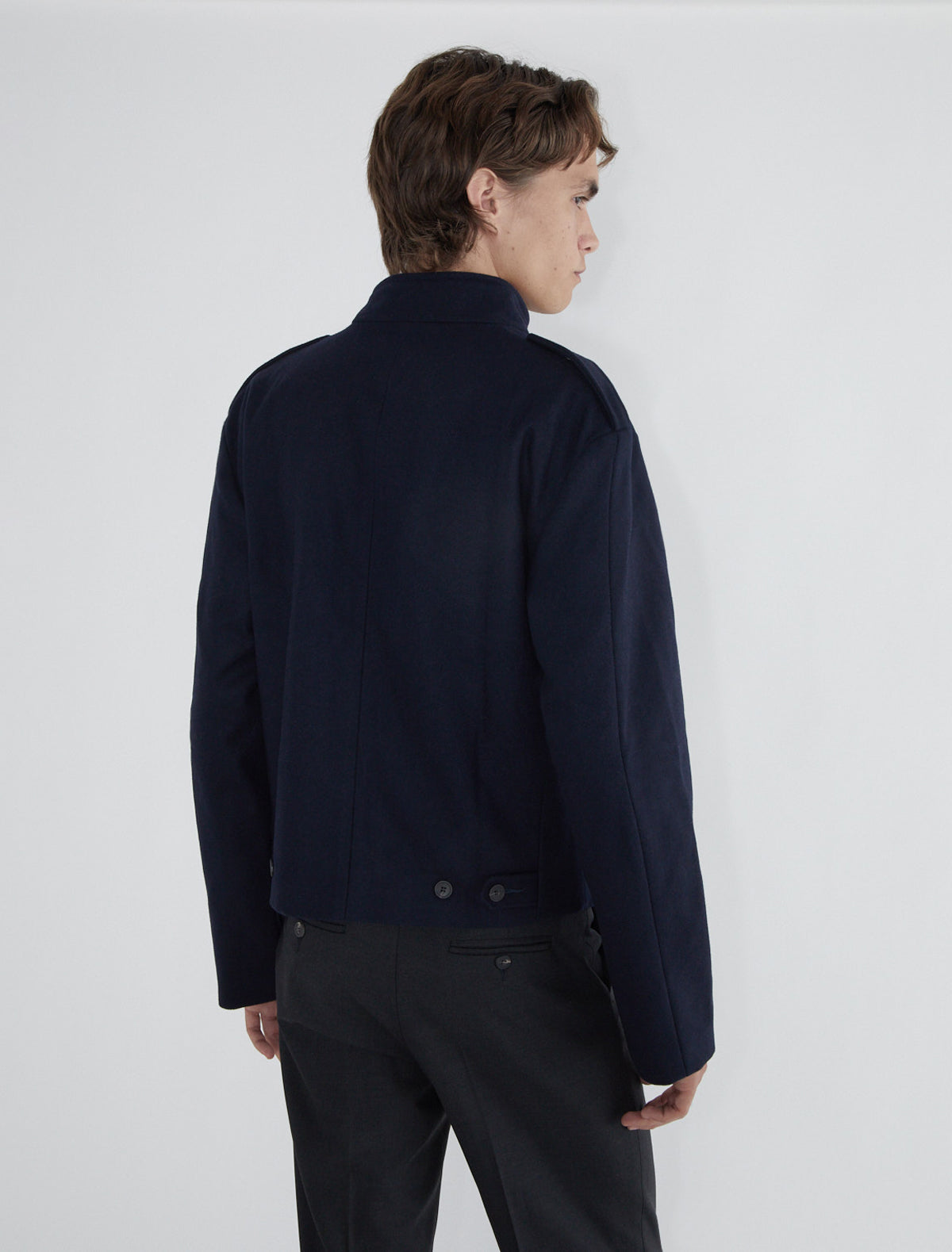 Galdana men wool jacket front crossover snap button tabs