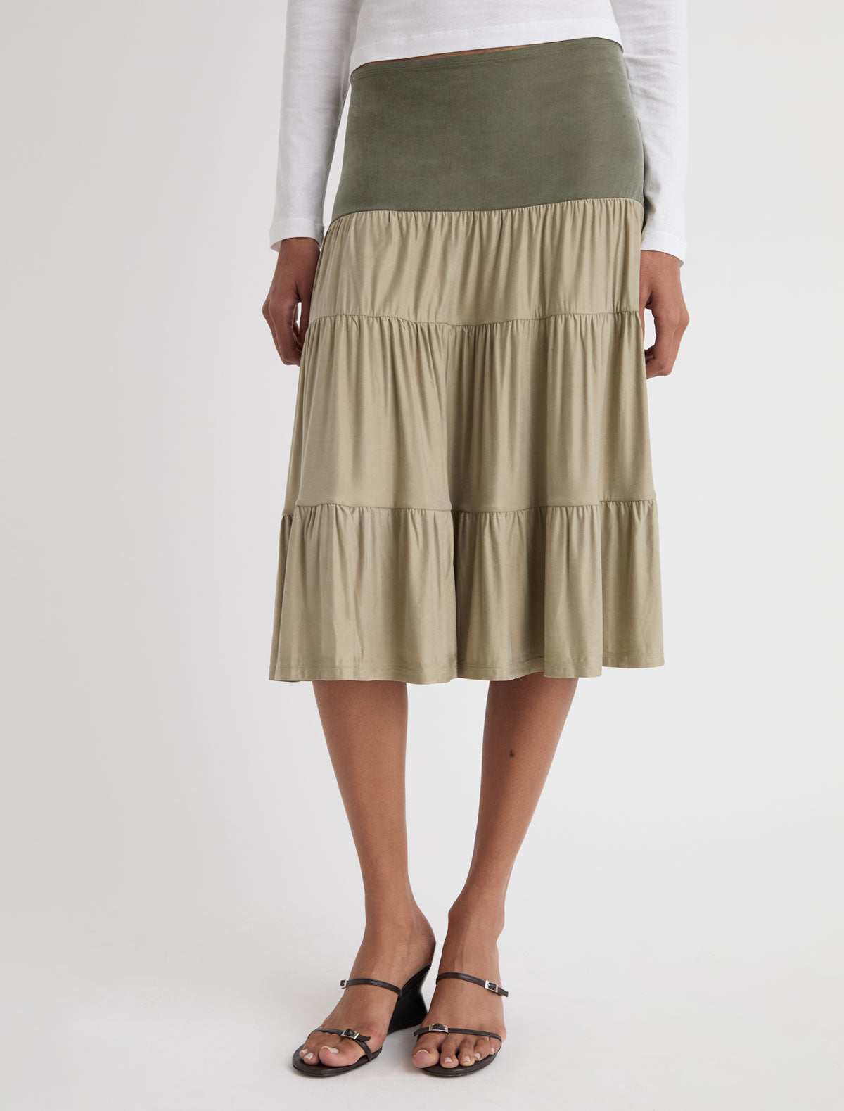 Barel cupro skirt tiered ruffle detailing throughout khaki