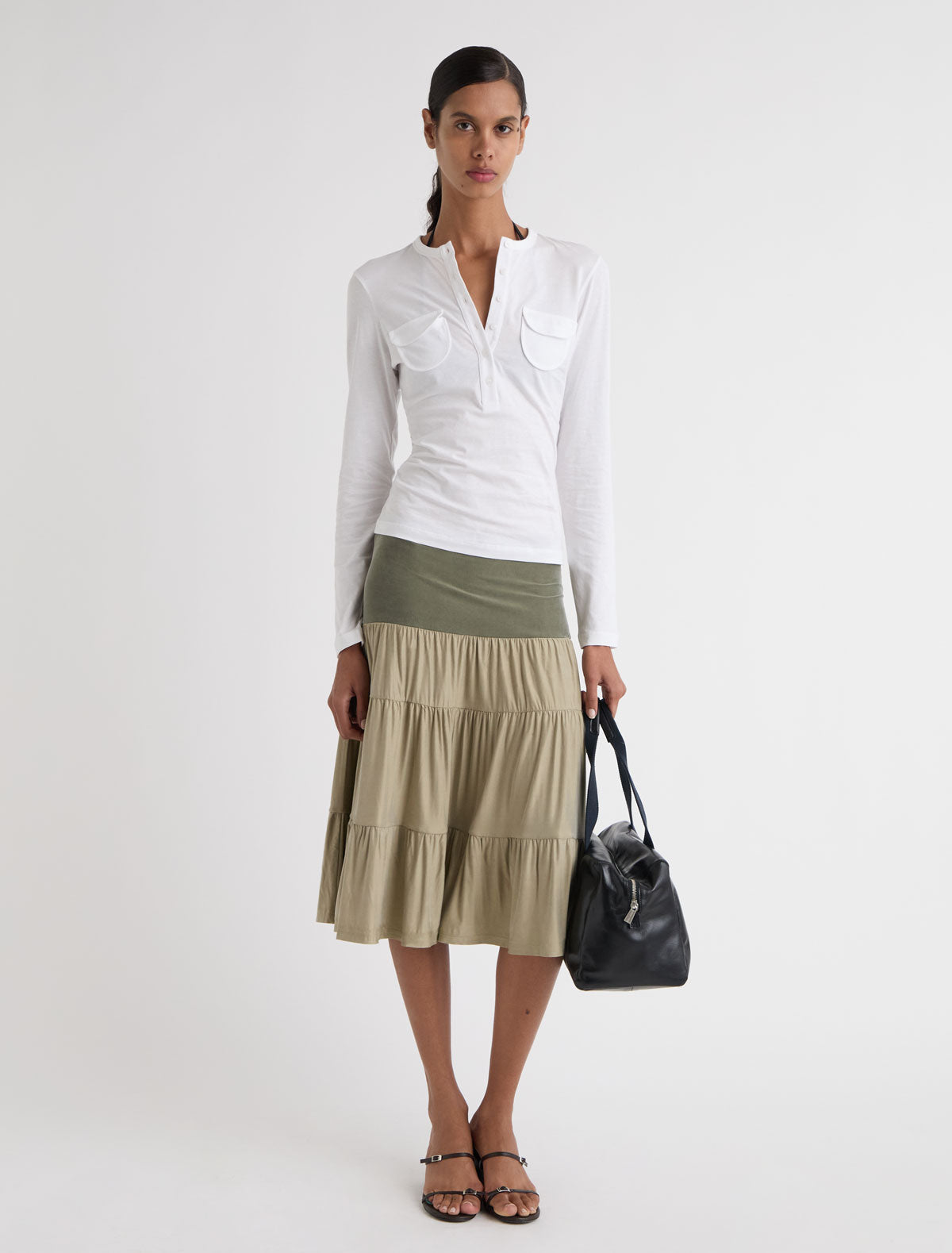 Barel cupro skirt tiered ruffle detailing throughout khaki
