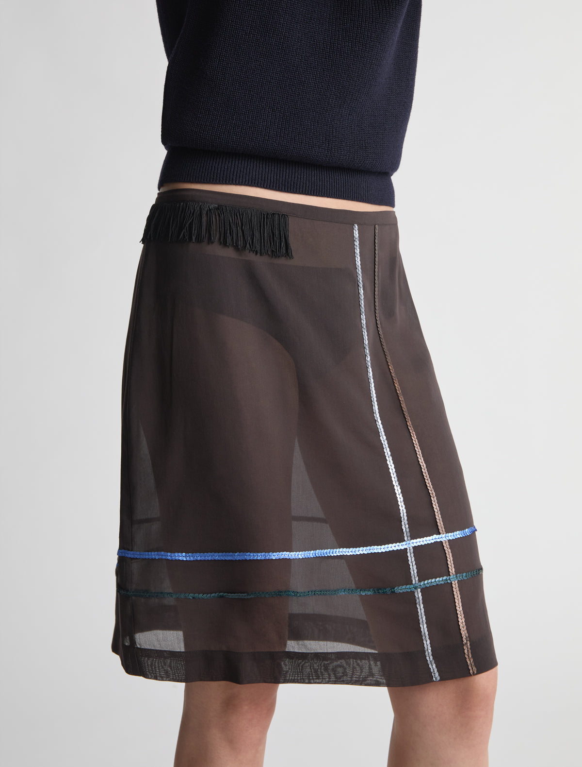 Meridiana skirt sequin embroidery fringe detail waist brown