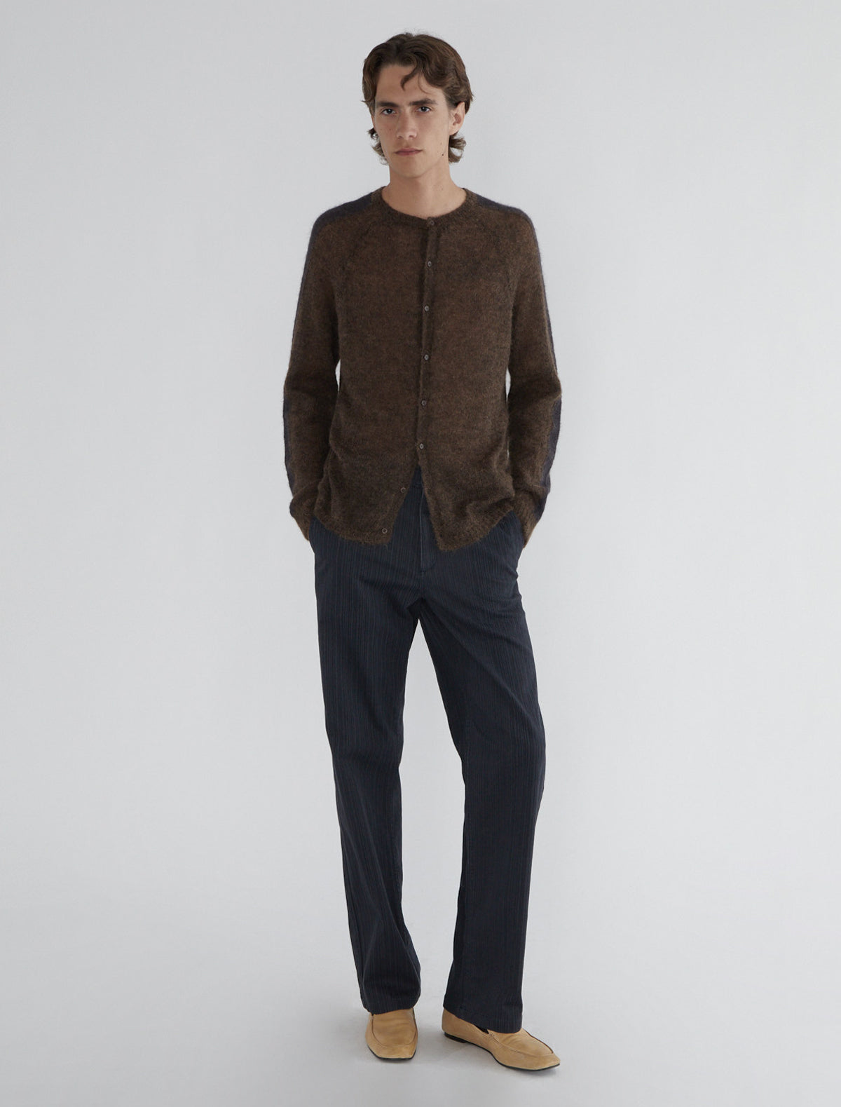 Button dan men cardigan contrast stripe sleeve