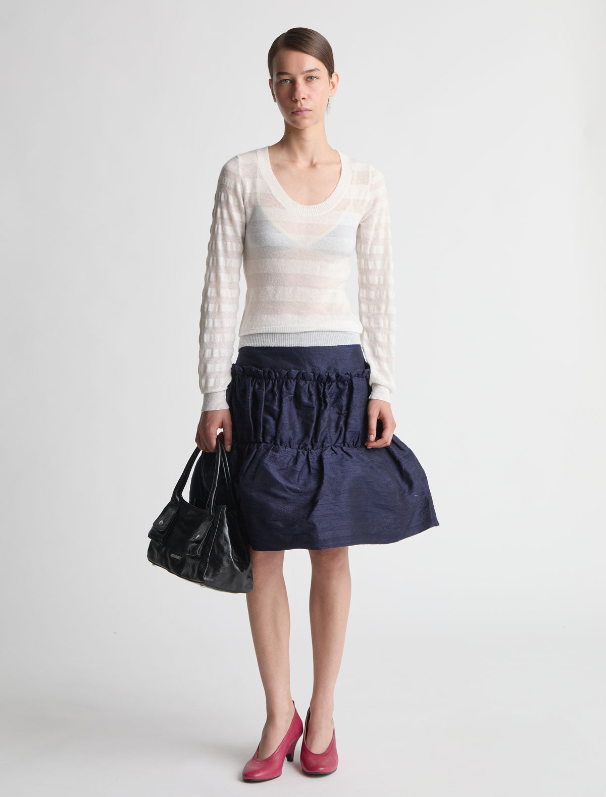 Laser long sleeve knitted sweater open neckline white