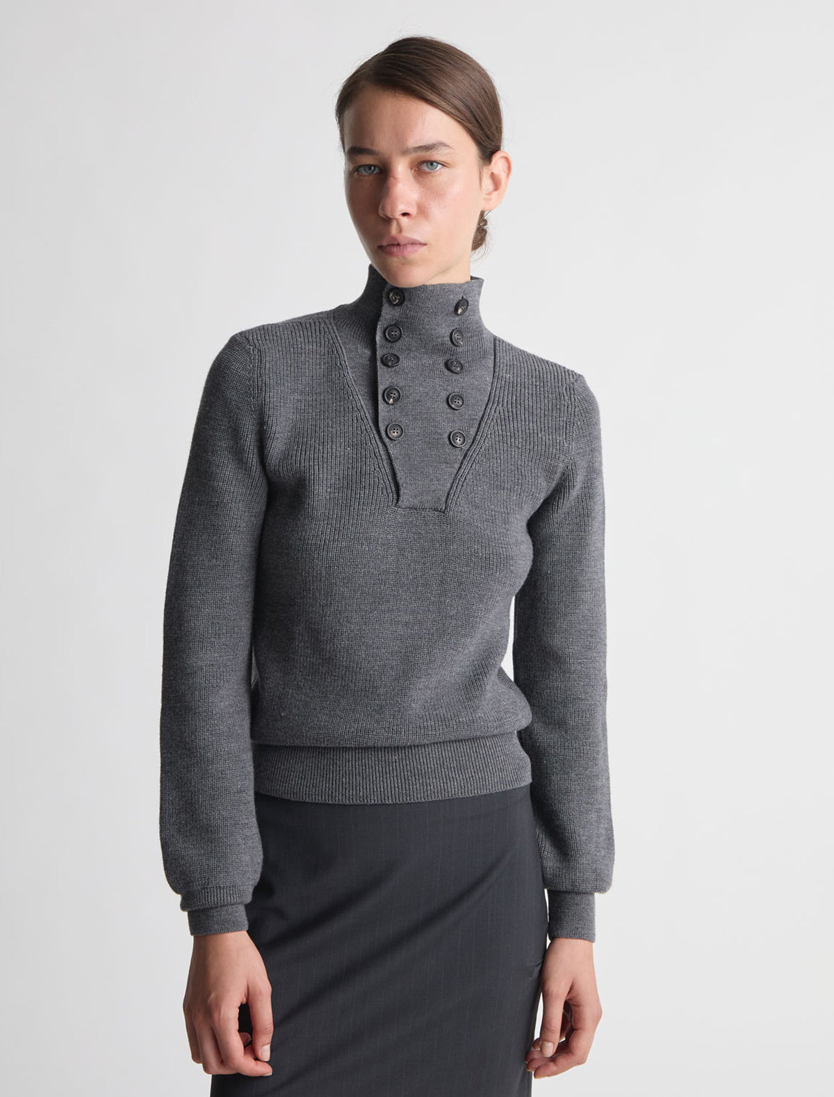 Milon knitted high neck sweater button fastening grey