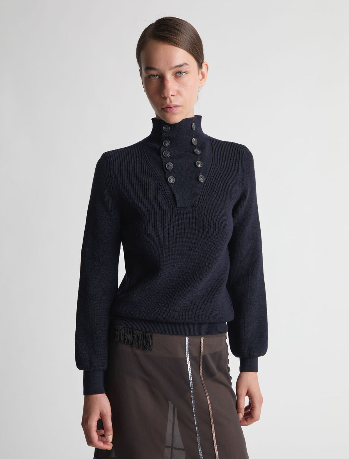 Milon knitted high neck sweater button fastening navy