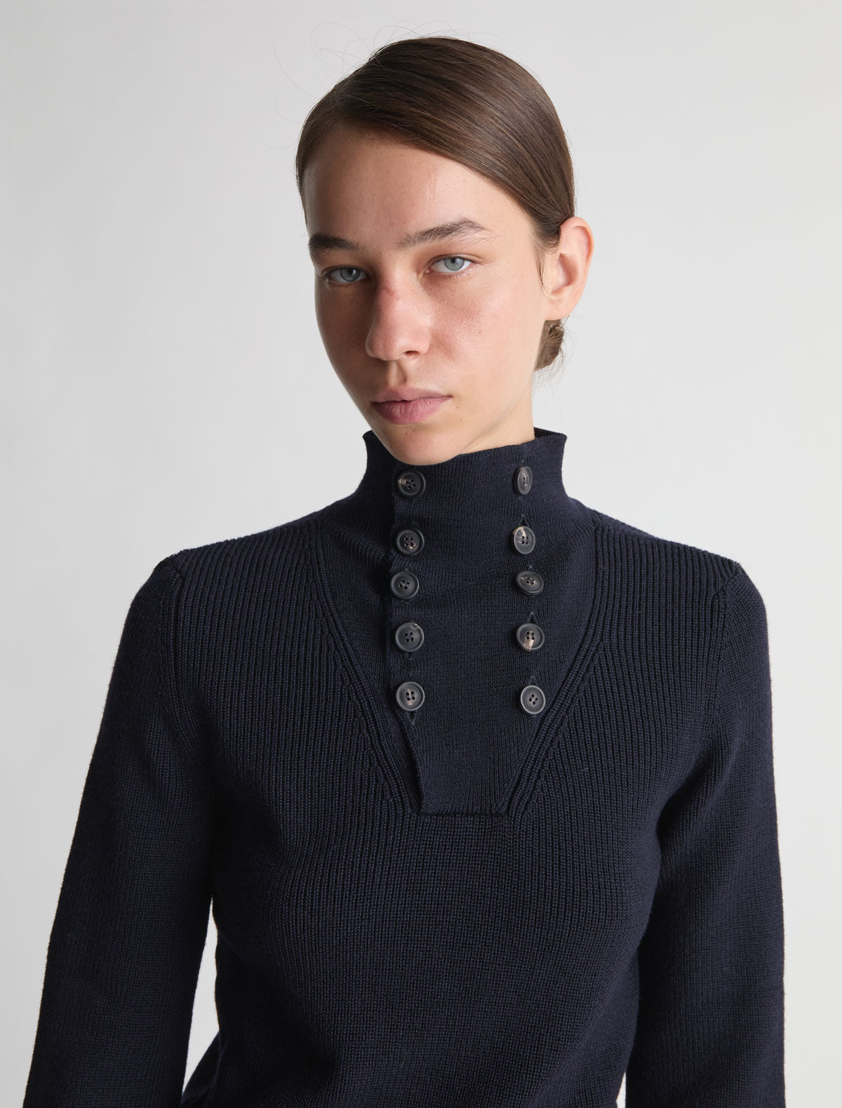 Milon knitted high neck sweater button fastening navy