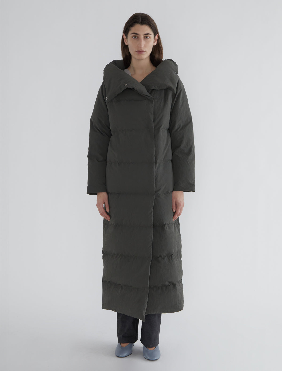 Long pruit puffer nylon oversized collar green