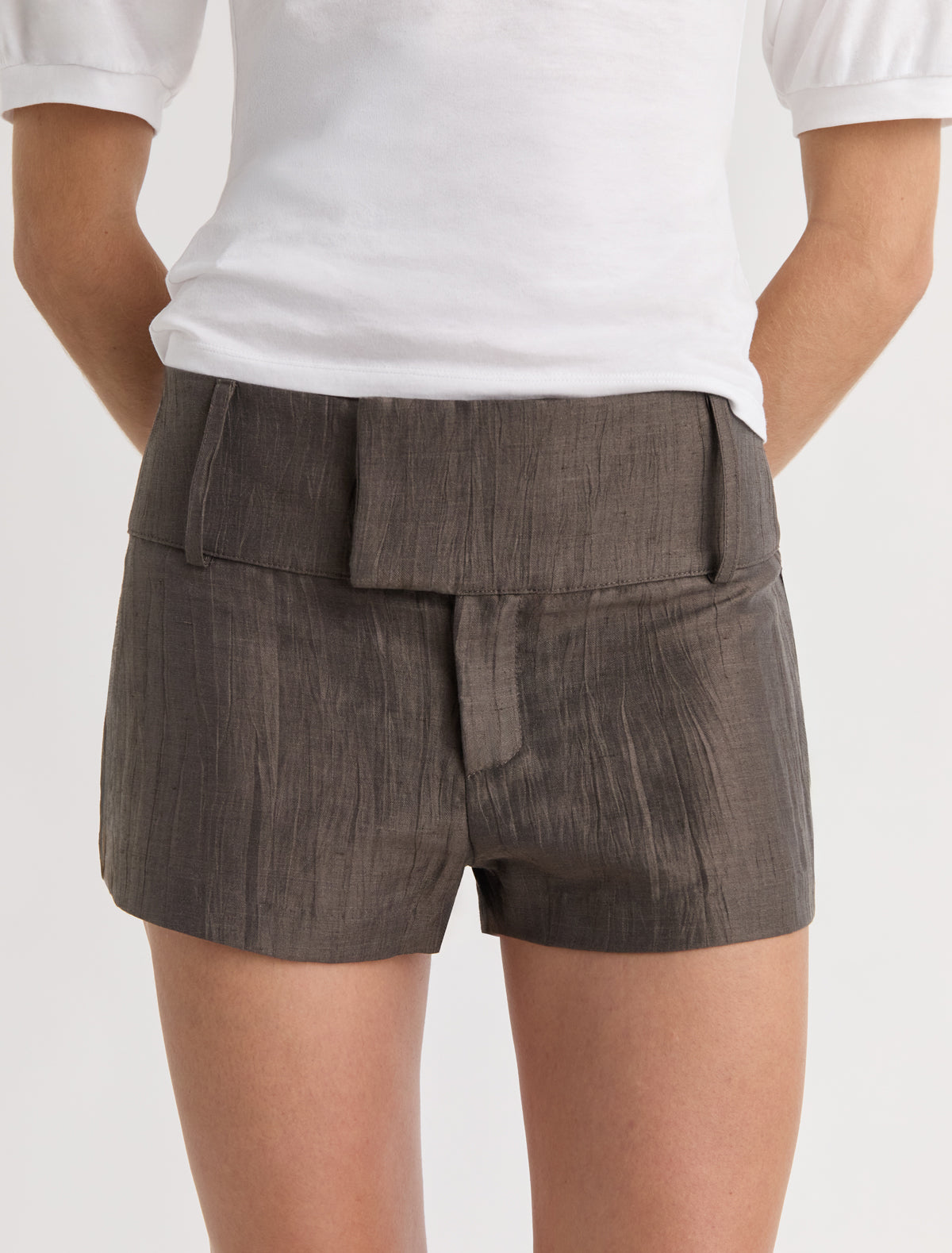 Arin shorts wide waistband hook and eye closure long belt loops brown