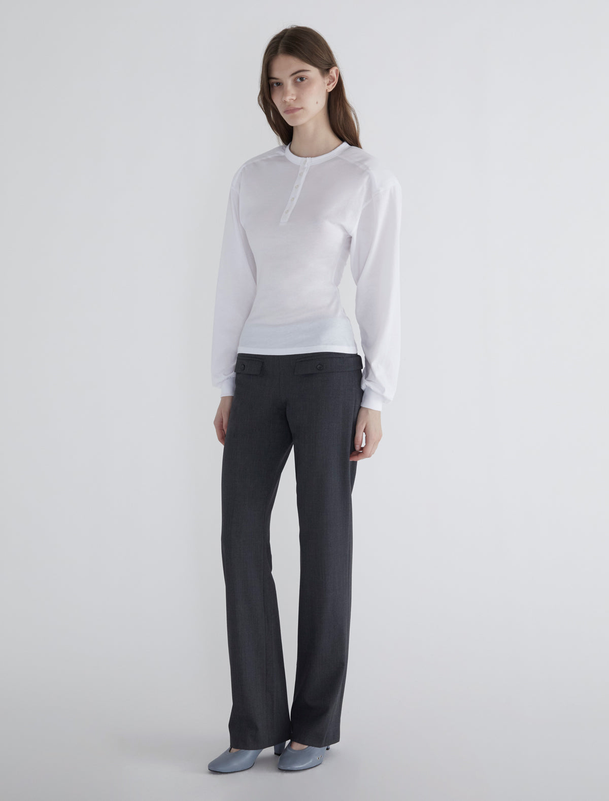 Ryno long sleeved top henley neckline shoulder pads white