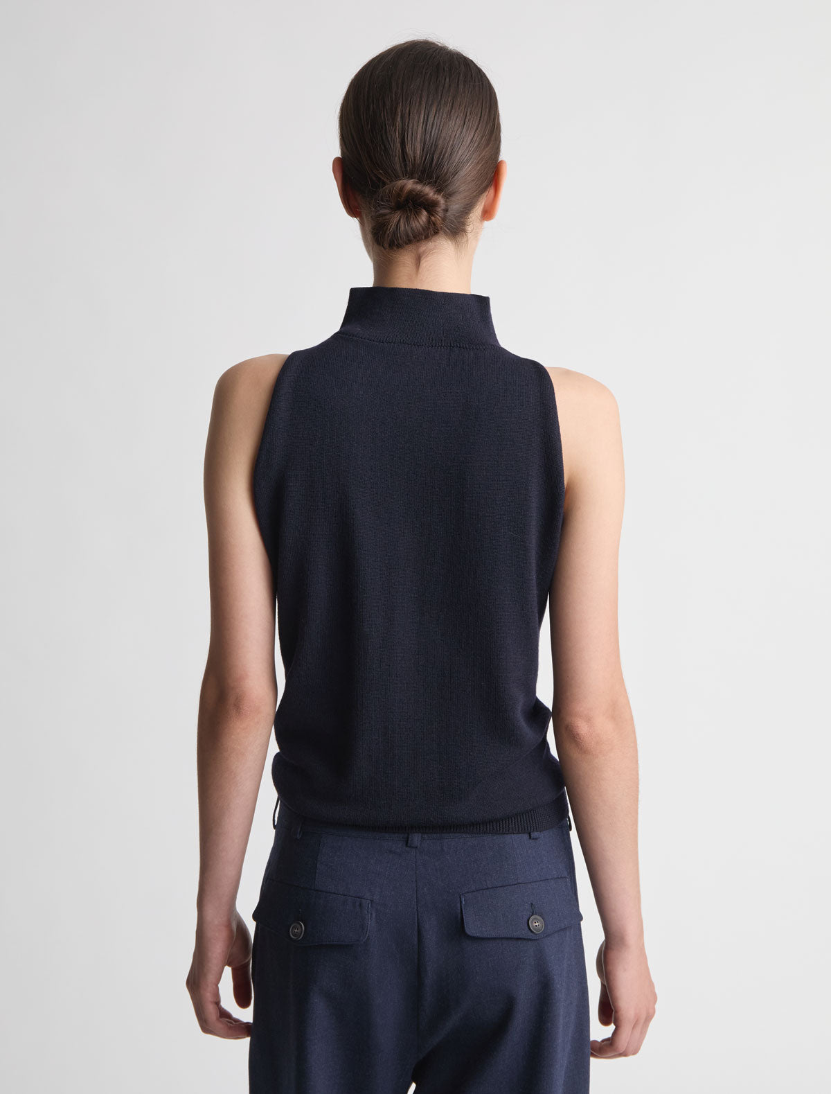Cala sleeveless high neck knit top button detailing navy
