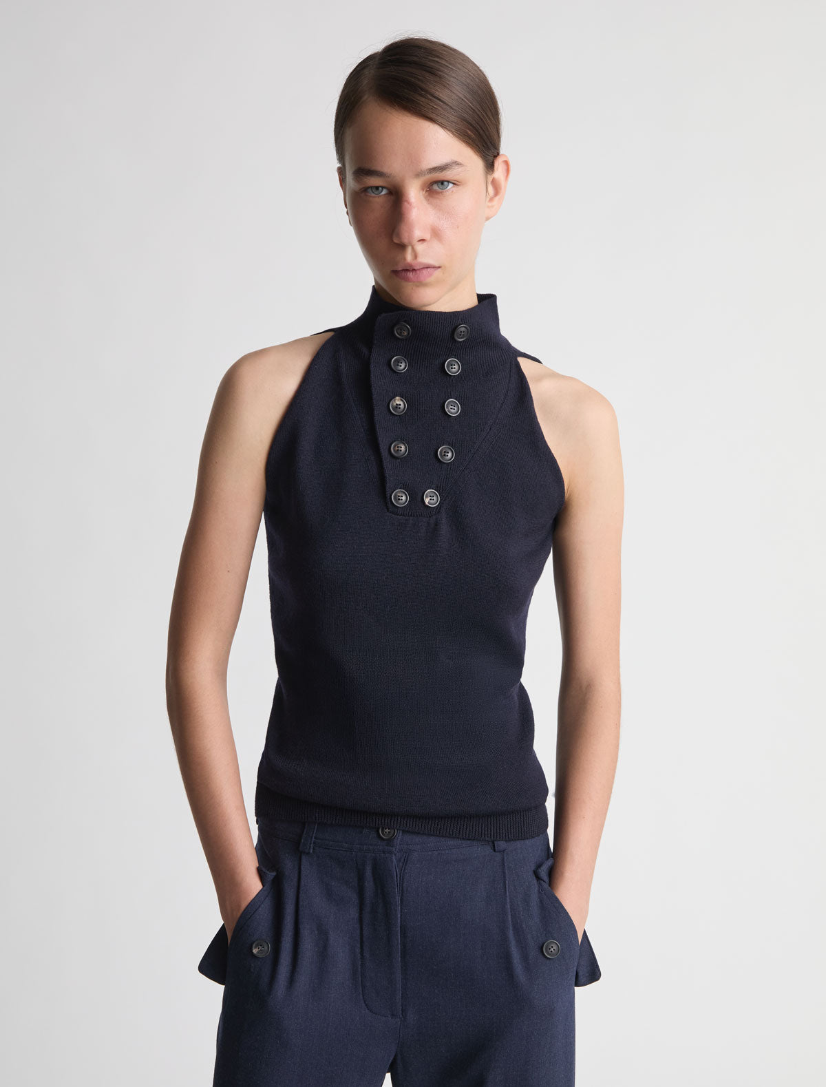 Cala sleeveless high neck knit top button detailing navy