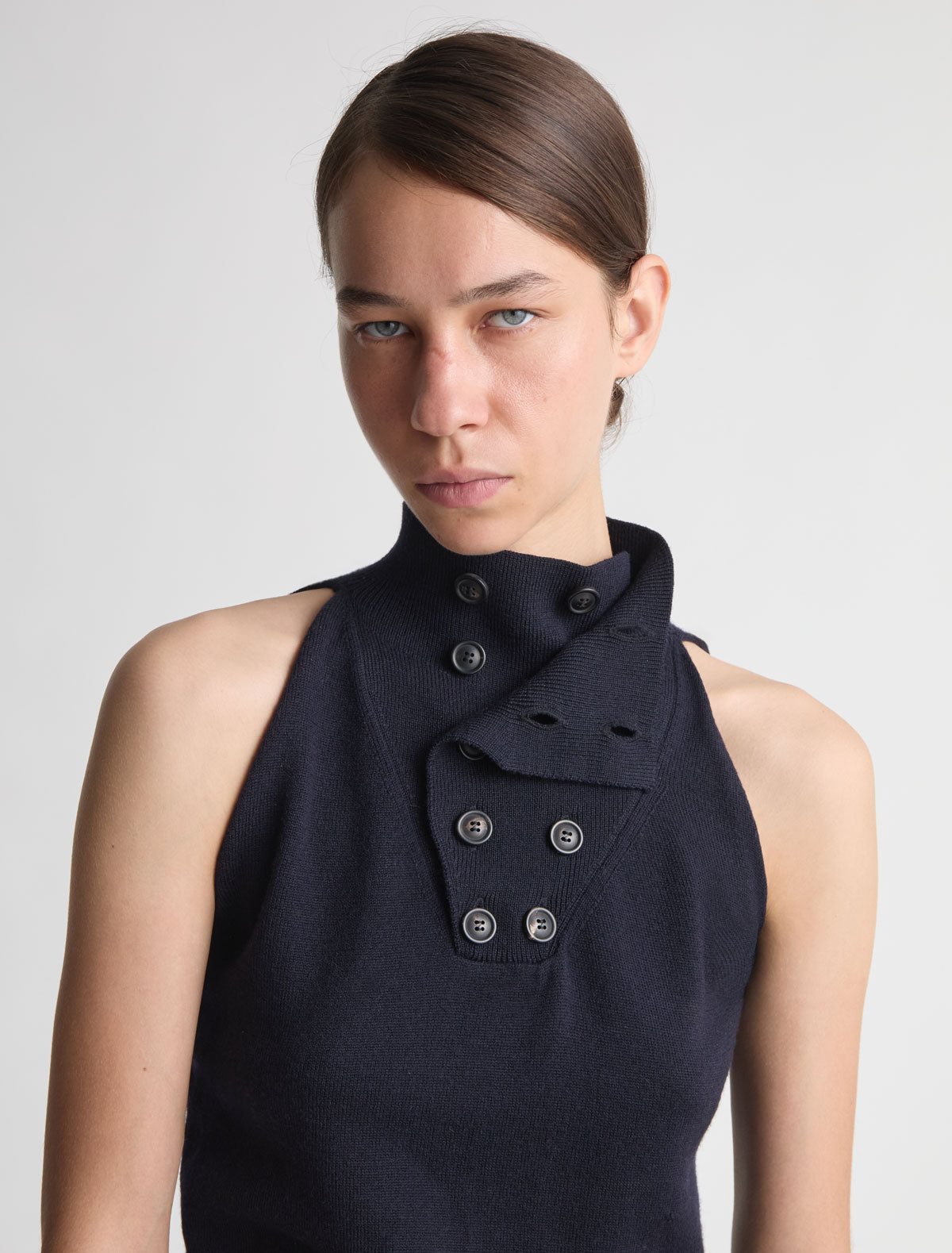 Cala sleeveless high neck knit top button detailing navy