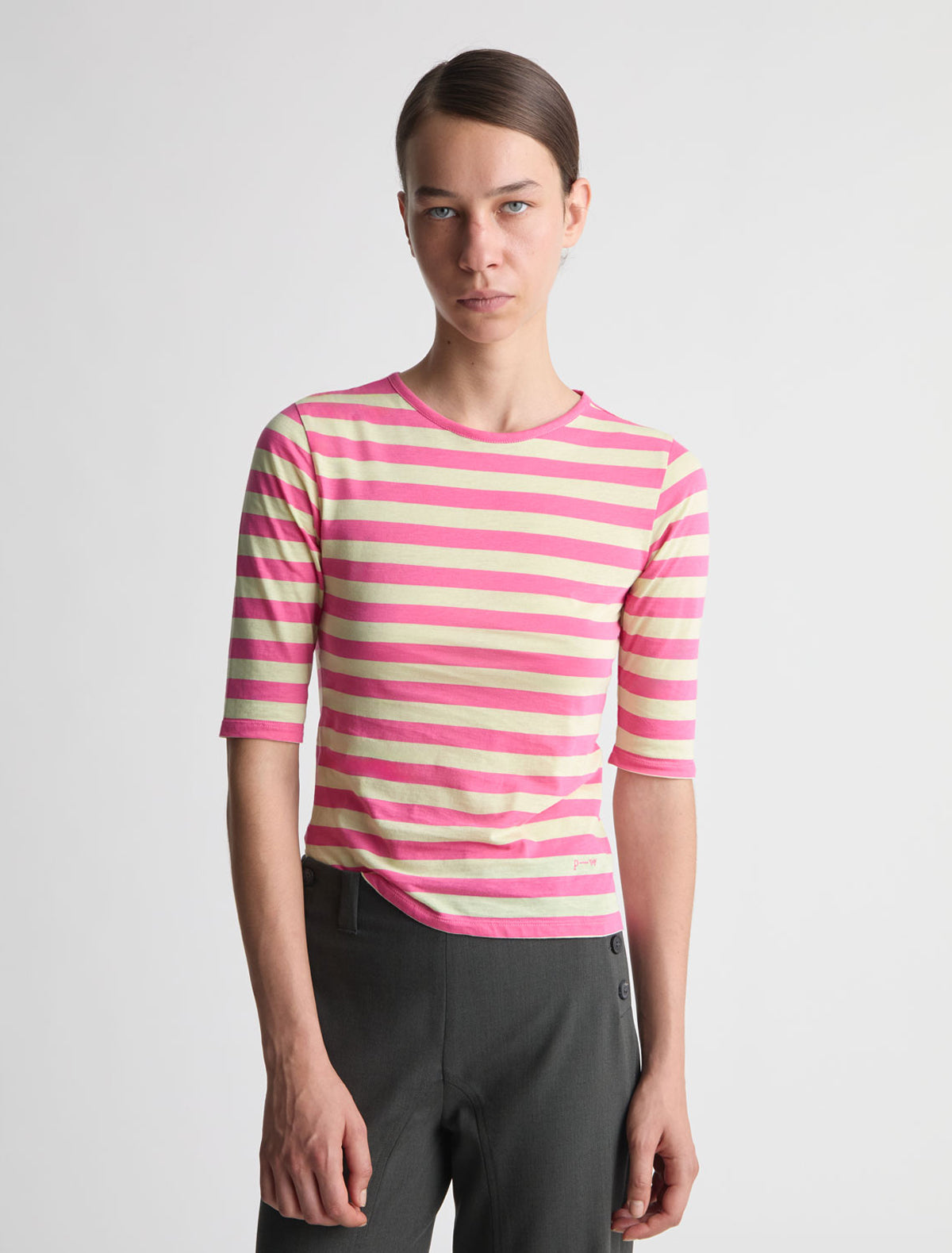 Guali striped top round neck elbow lenght sleeves fuchsia