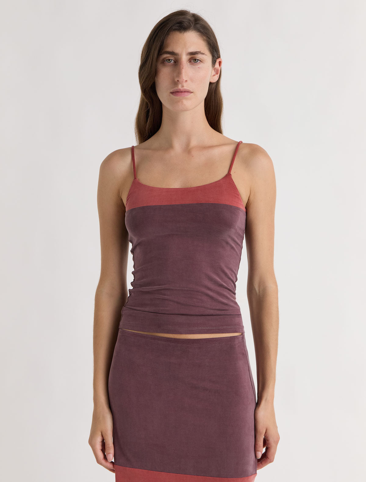 Zuno cupro strappy top contrasting panel chest aubergine