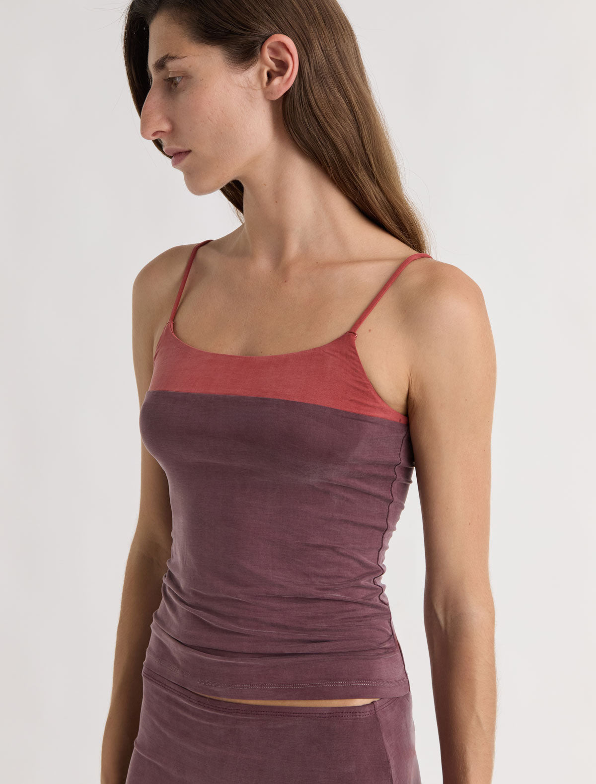 Zuno cupro strappy top contrasting panel chest aubergine
