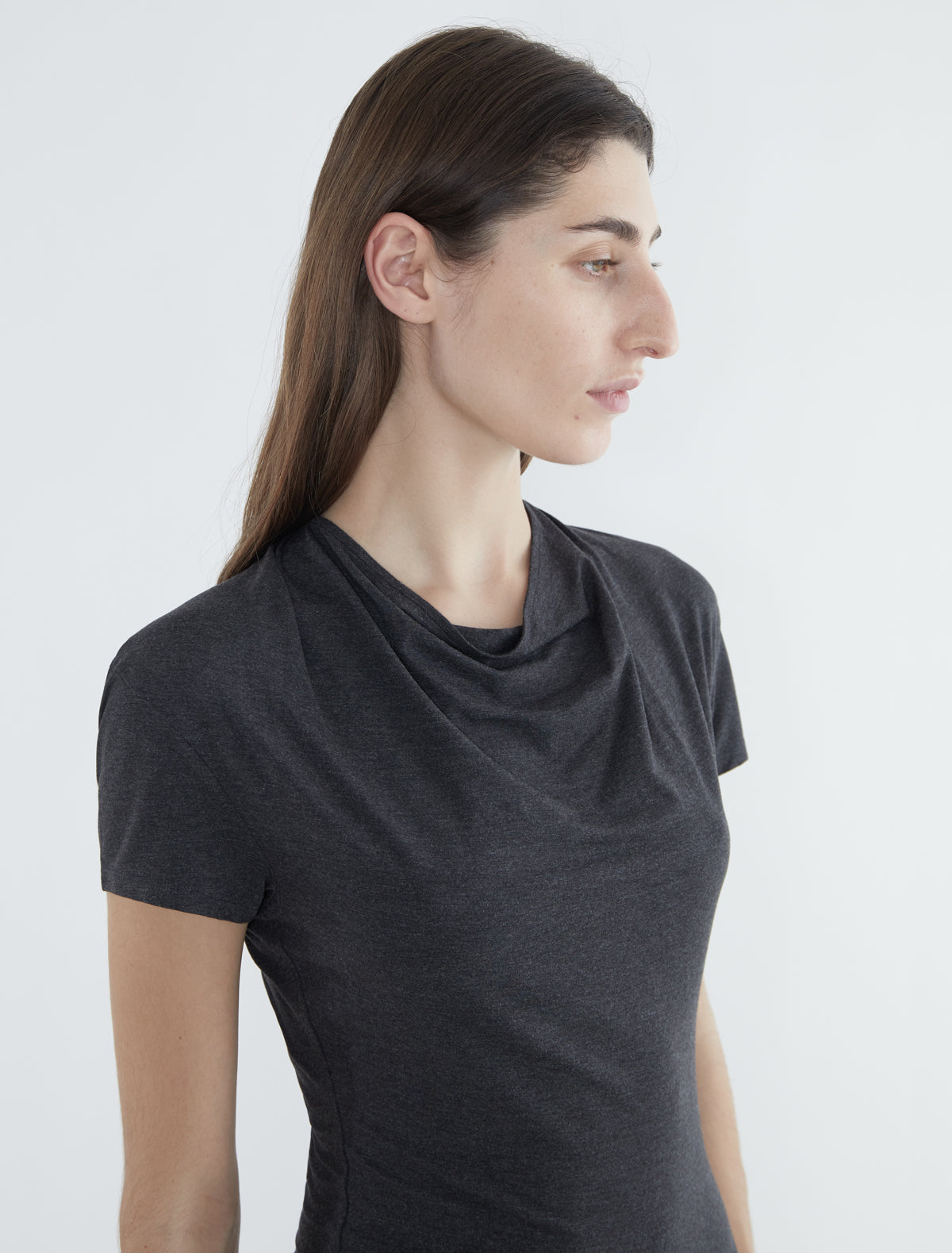 Raffa short sleeved top draped neckline ribbed hem grey