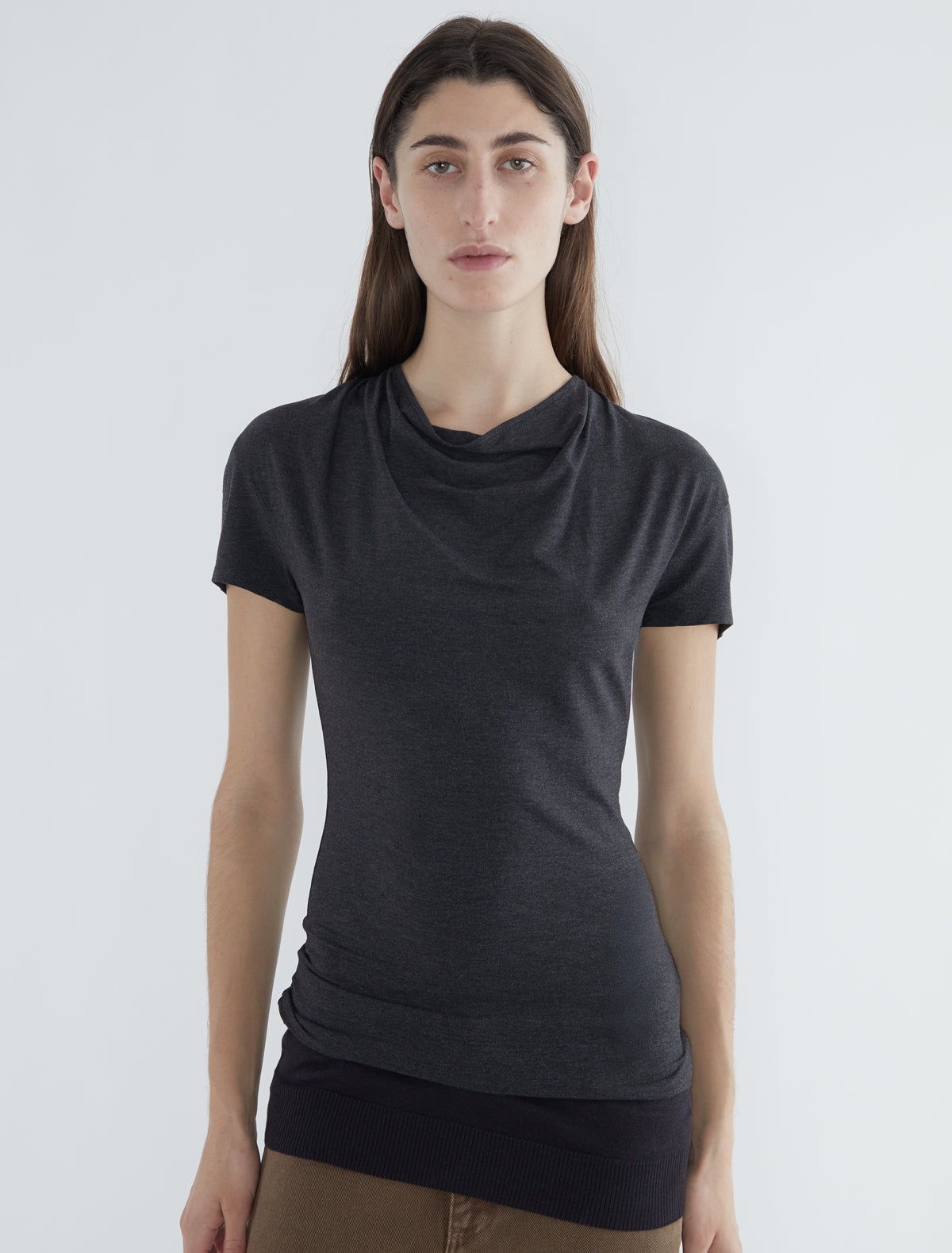 Raffa short sleeved top draped neckline ribbed hem grey