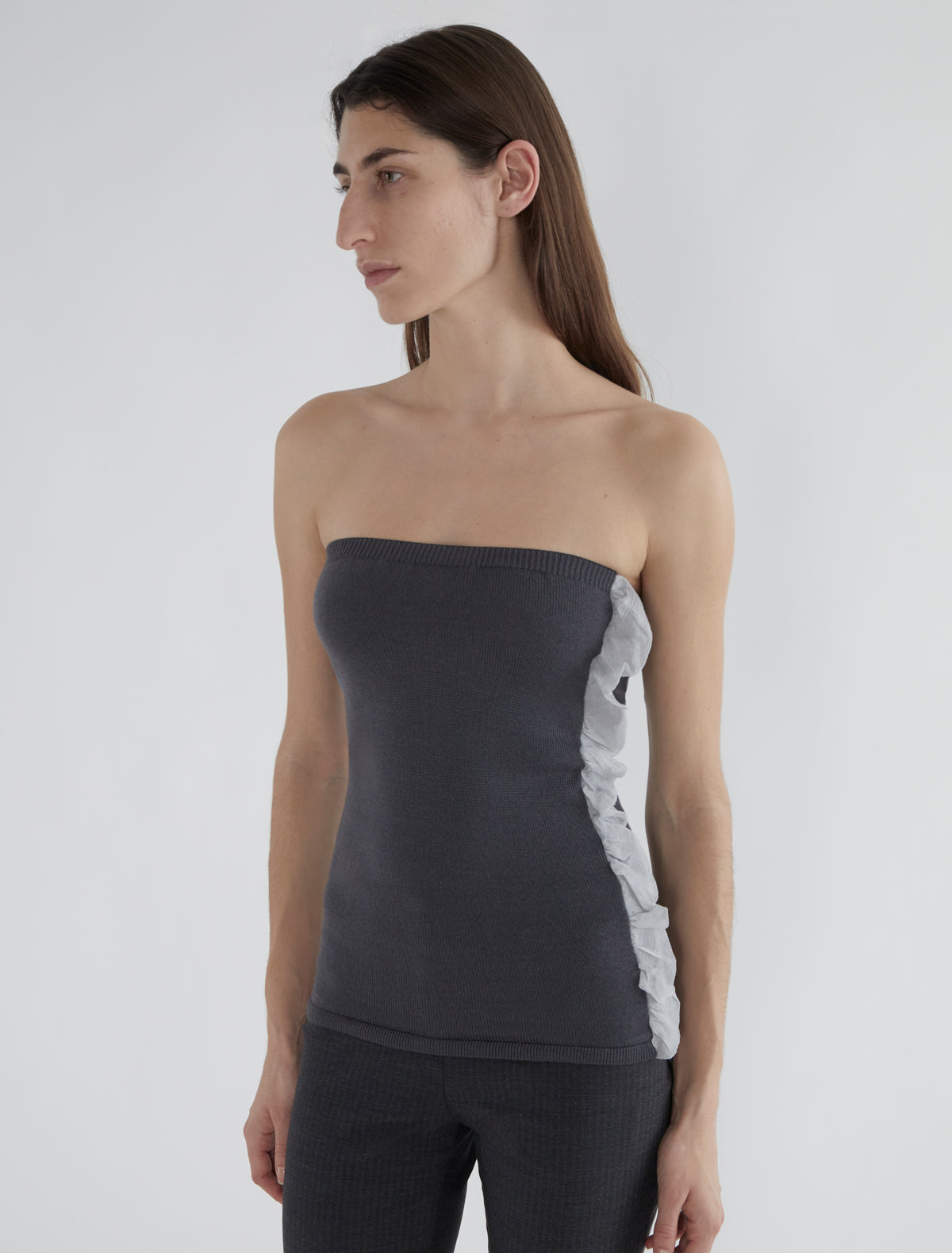 Rombo bandeau wool top silk ruffle grey