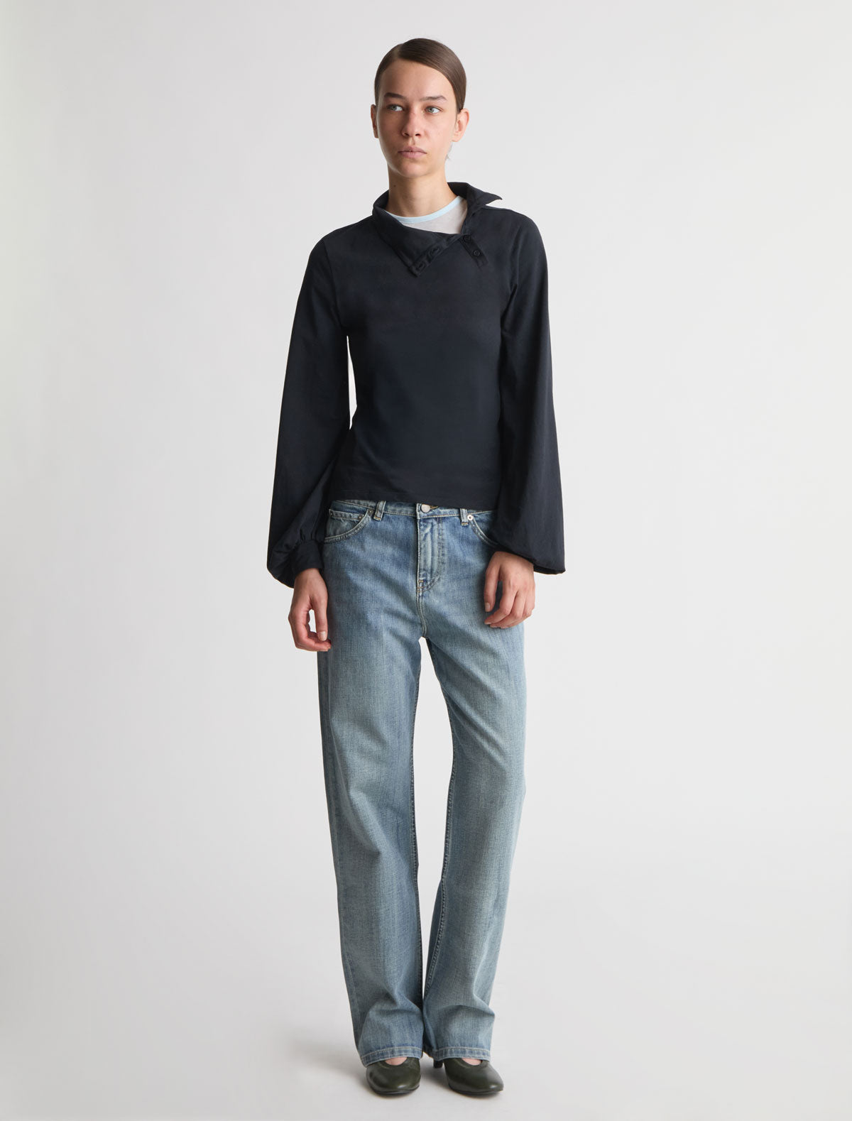 Sara long sleeve cotton top high neck black