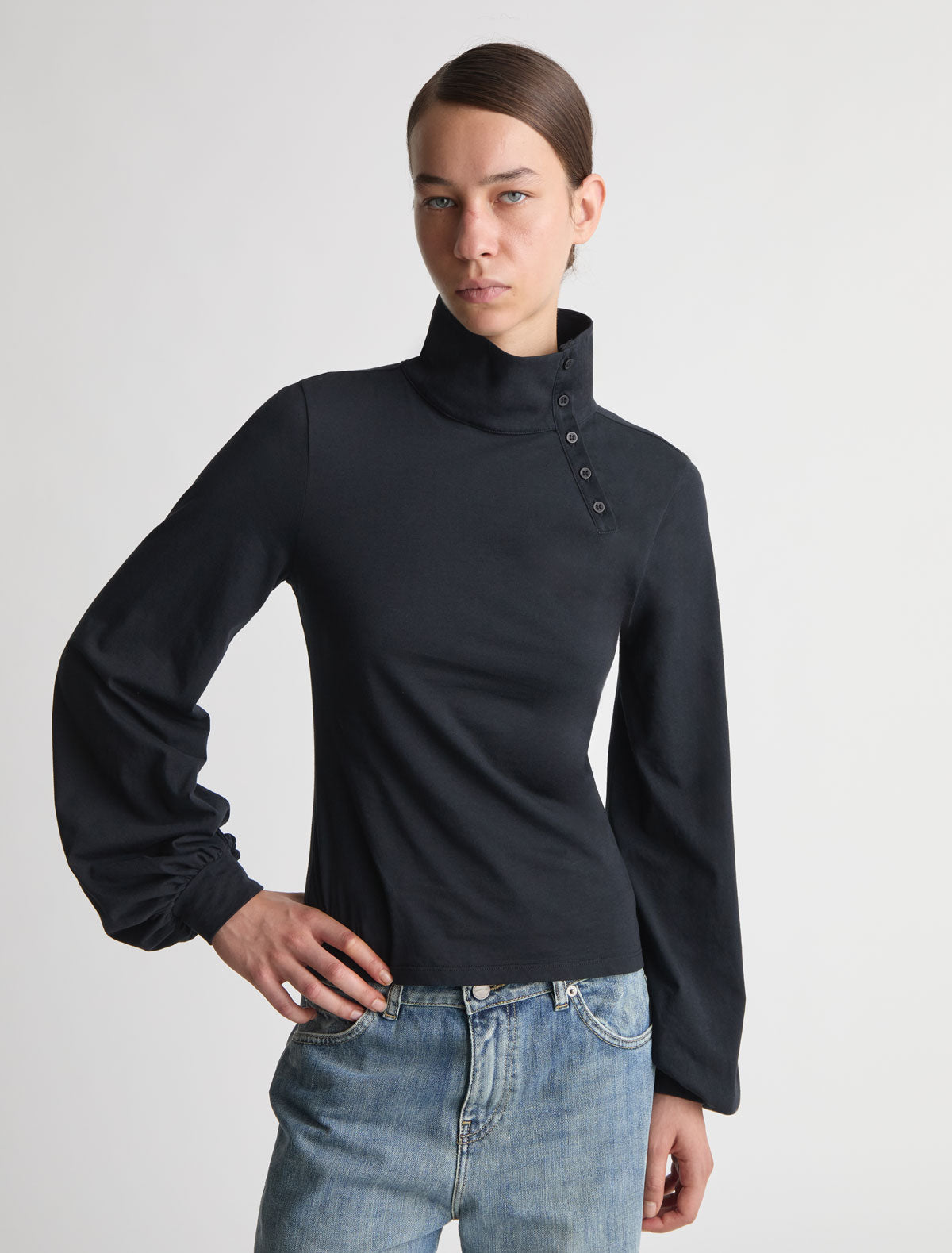 Sara long sleeve cotton top high neck black