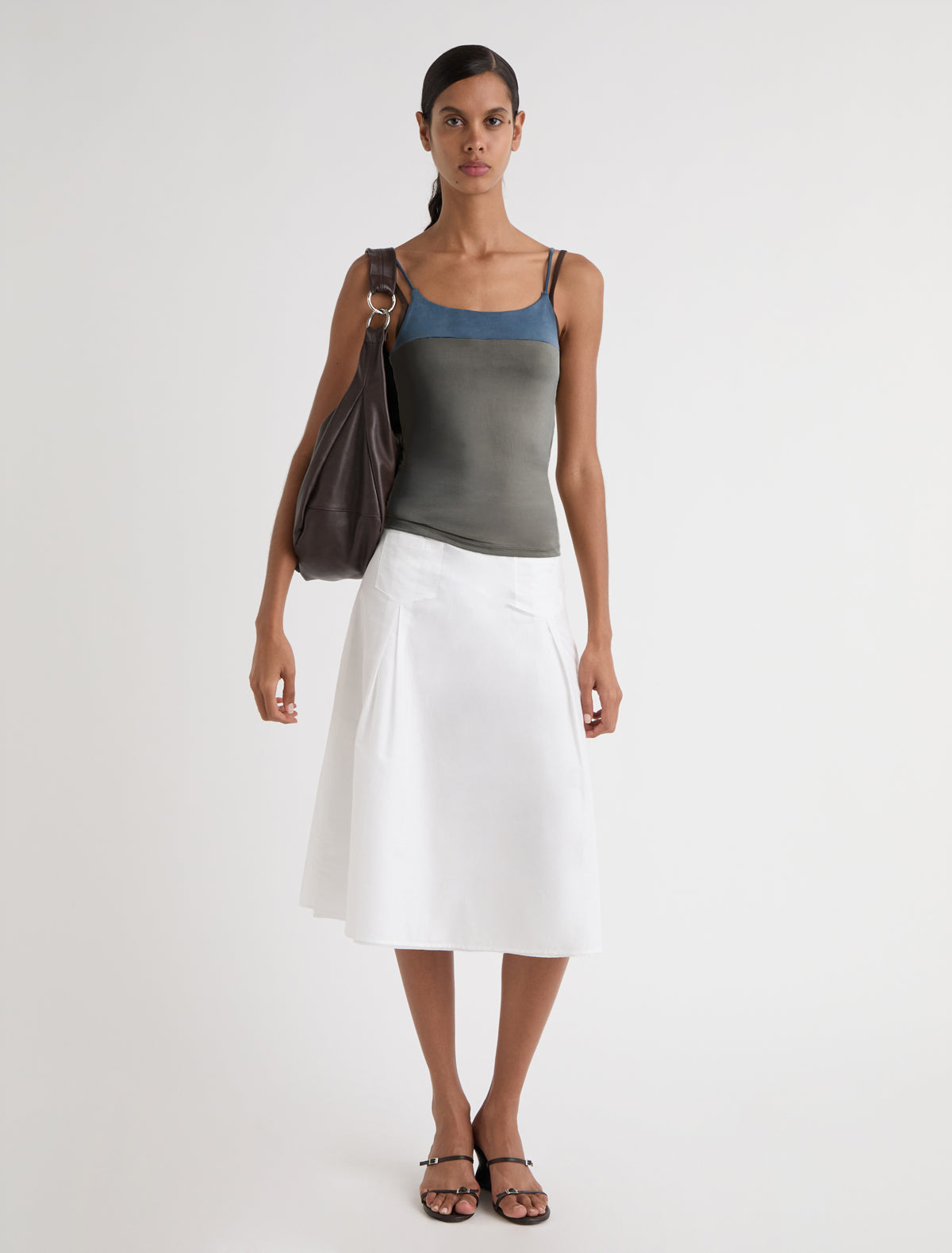 Zuno cupro strappy top contrasting panel chest khaki