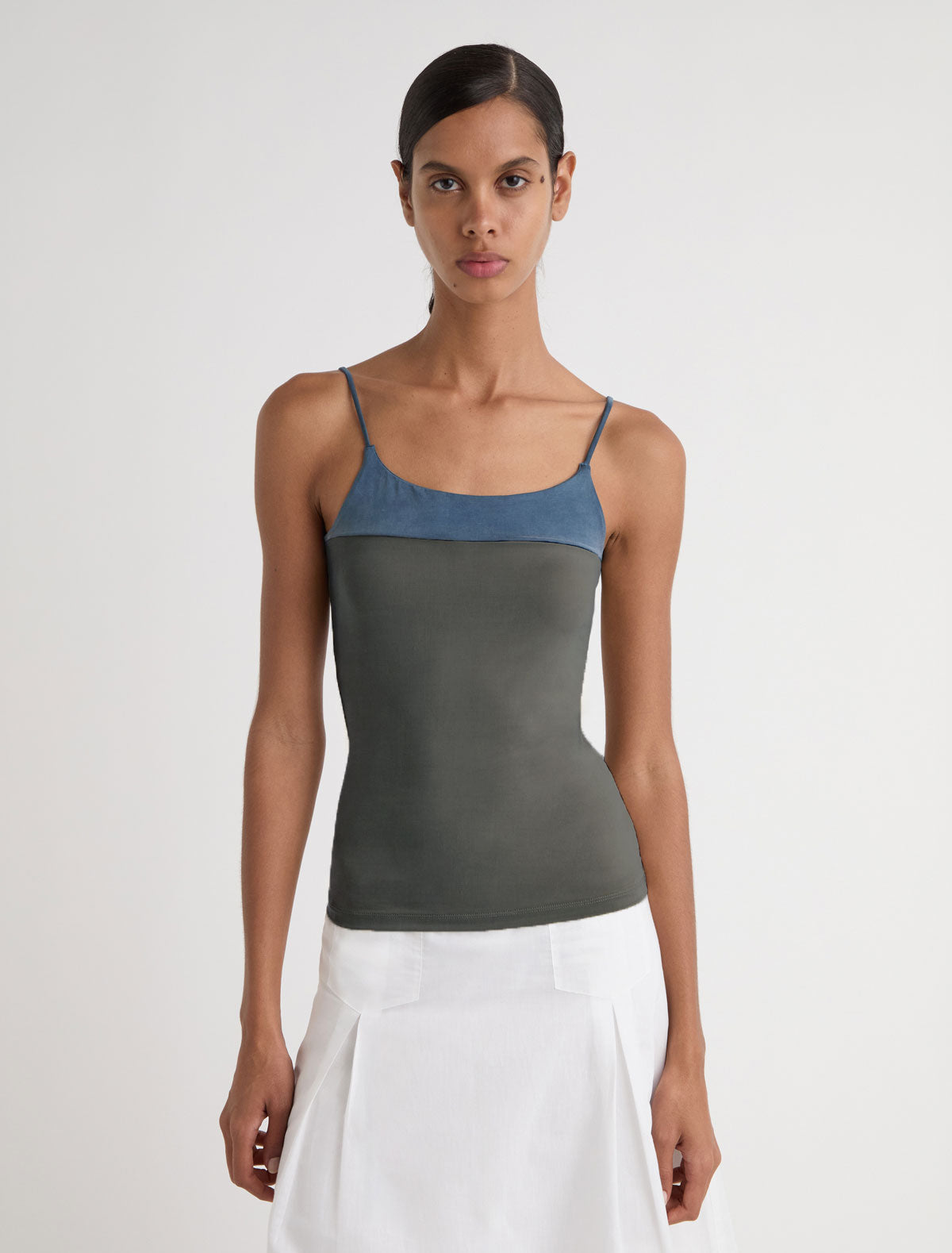 Zuno cupro strappy top contrasting panel chest khaki