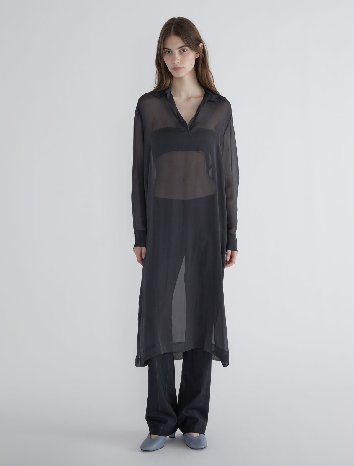 Sabre long silk tunic polo style collar