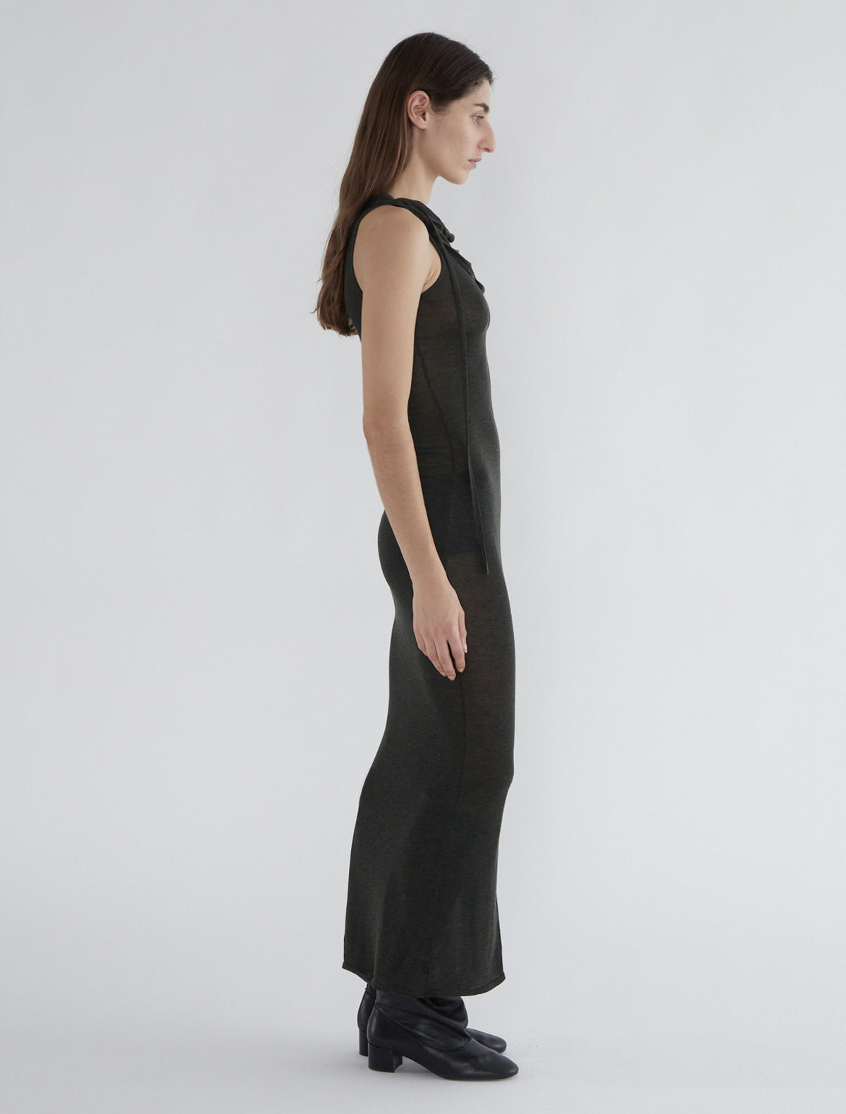 Oliveti sheer long dress straps shoulders faux necklaces khaki