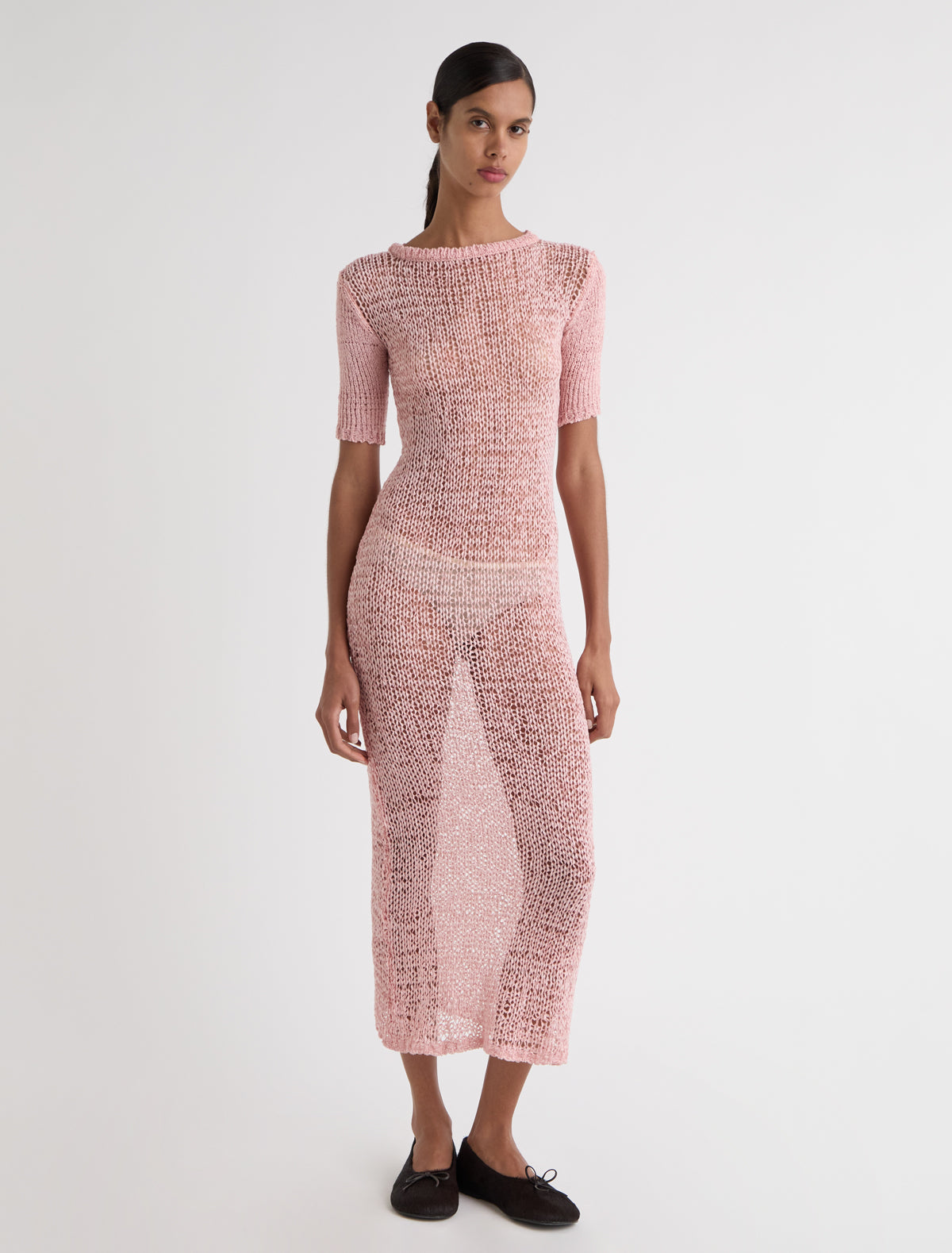 Vero long dress short sleeves neckline ruffled effect pink