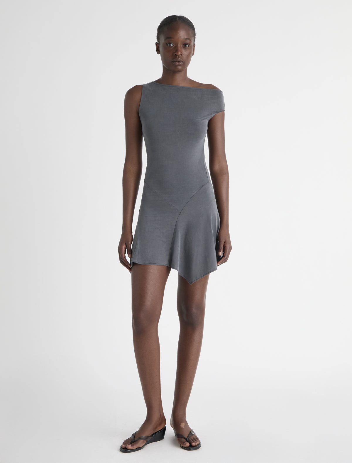 Mini yausi fitted dress asymmetric shoulders grey